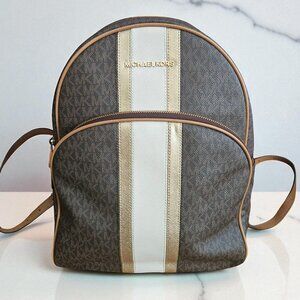 Michael Kors Brown Large Backpack with Gold & White Stripe